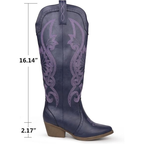 Women's Purple Faux Leather Pointed Toe and Block Heel Classic Embroidered Boot - Picture 4 of 6